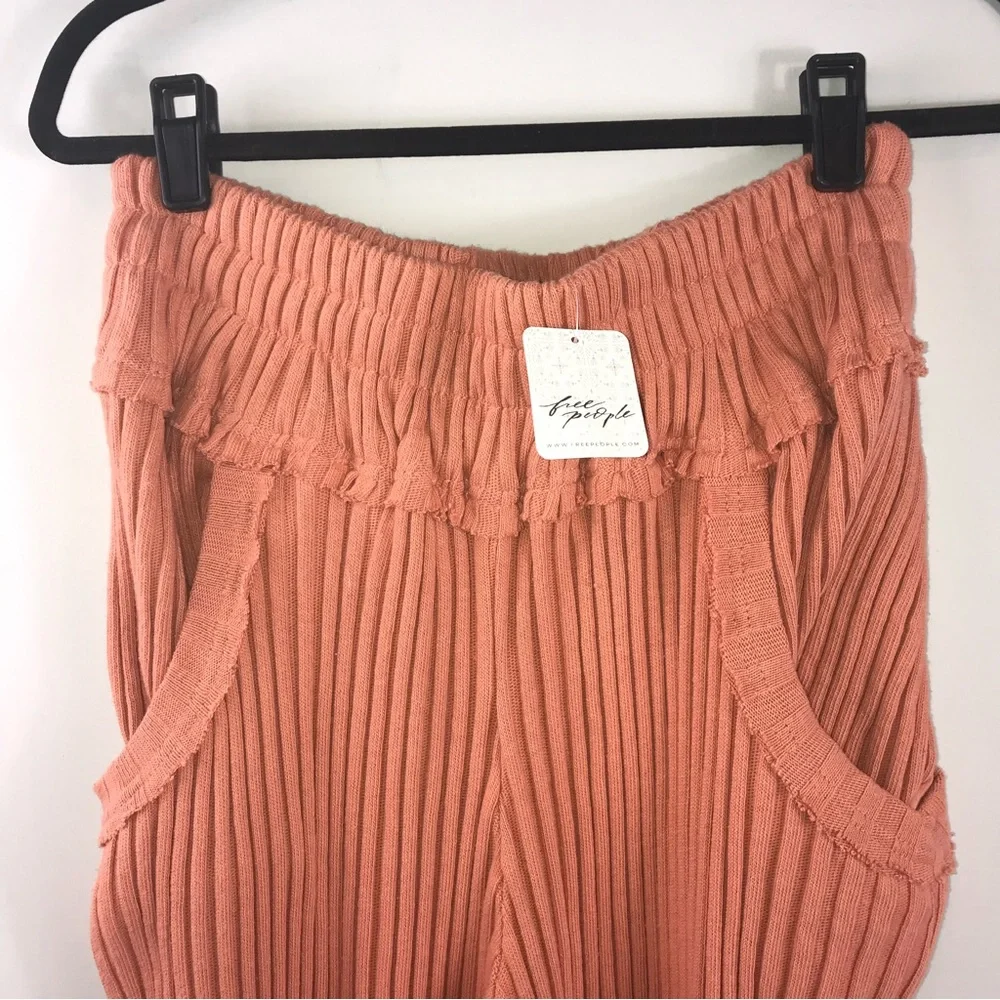 Free People Beach Serena Ribbed Coral Oversize Pockets Knit Flare Pants - Picture 2 of 7